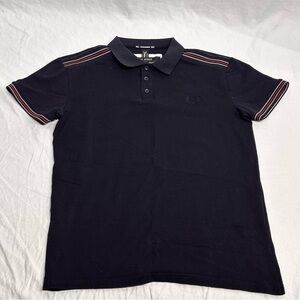 Nick Danger Polo Shirt Men’s Small Blue W/ Red White Trim Striped Shoulder